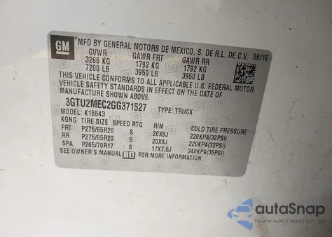 2016 GMC Sierra 1500 Sle z USA, uszkodzony, nr VIN 3GTU2MEC2GG371527